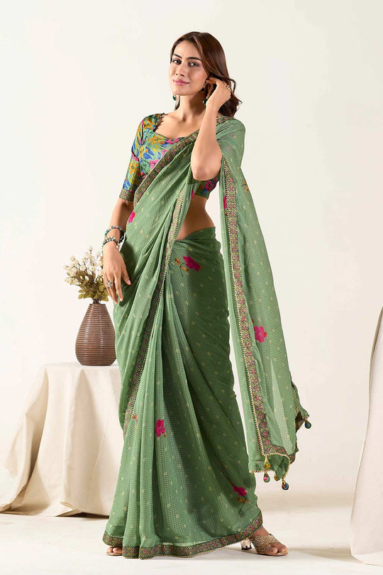 Nari Green Georgette Lace Ready to Wear One Minute Saree