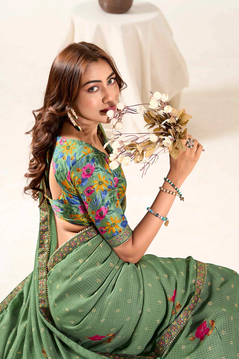 Nari Green Georgette Lace Ready to Wear One Minute Saree