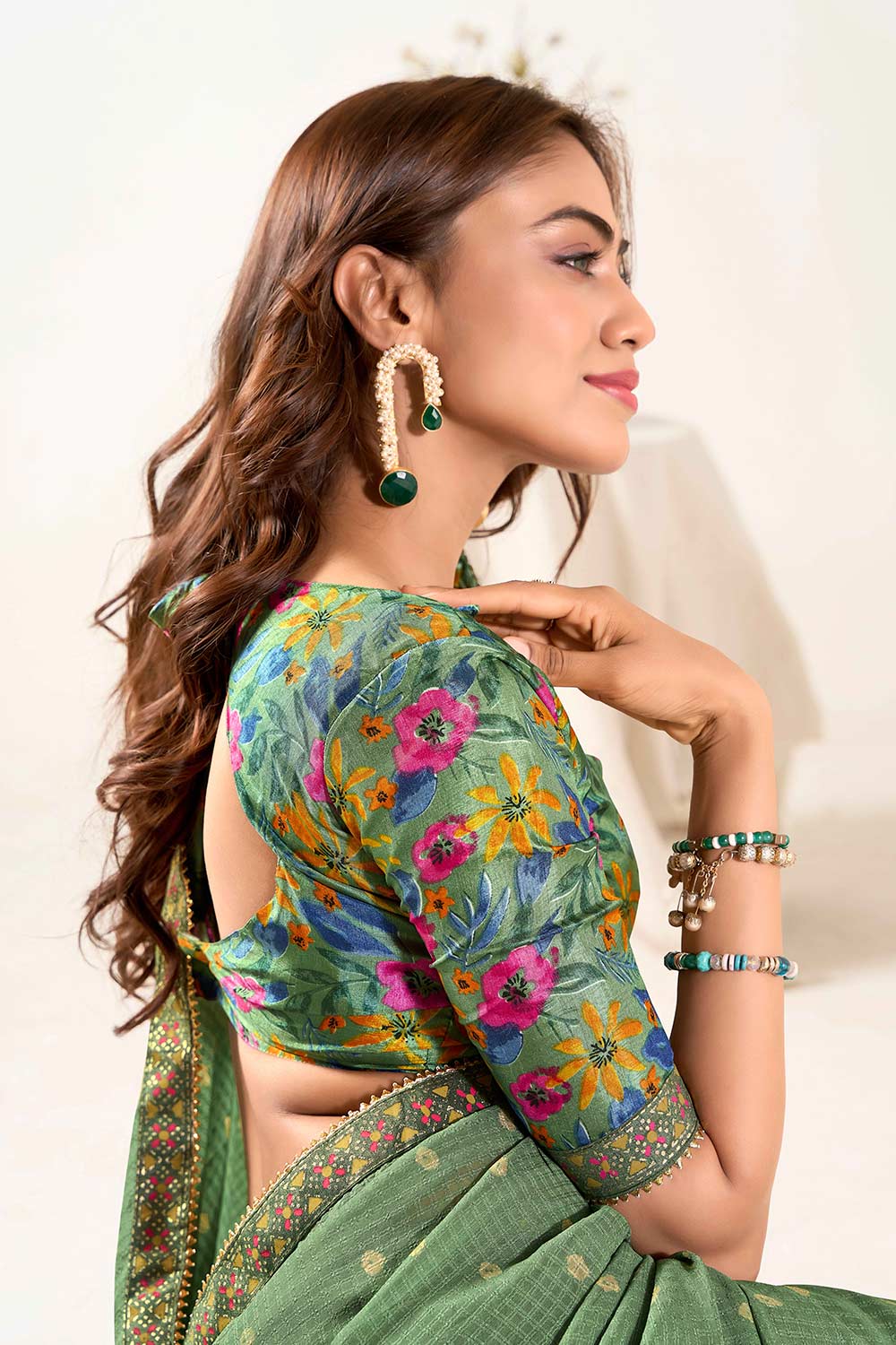 Nari Green Georgette Lace Ready to Wear One Minute Saree