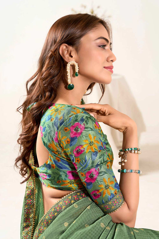 Nari Green Georgette Lace Ready to Wear One Minute Saree