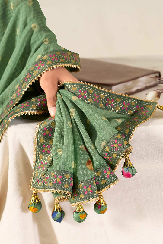 Nari Green Georgette Lace Ready to Wear One Minute Saree