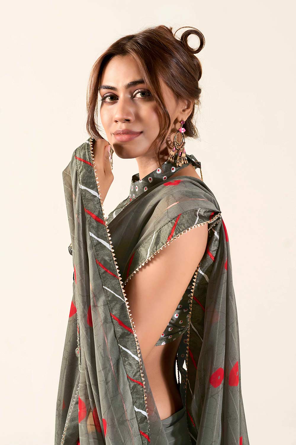 Diipa Grey Georgette Printed One Minute Saree