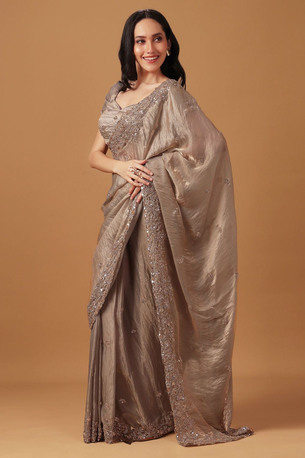 Cassie Taupe Paper Silk Sequin Embroidery Designer Ready to Wear Saree