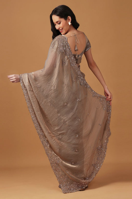 Cassie Taupe Paper Silk Sequin Embroidery Designer Ready to Wear Saree