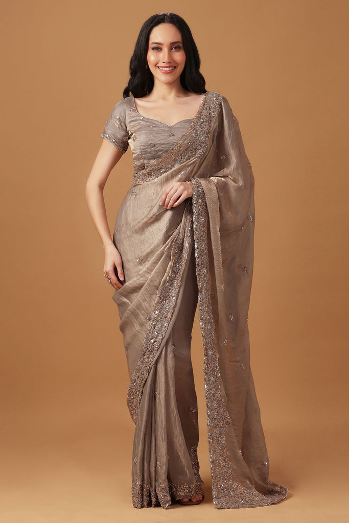 Cassie Taupe Paper Silk Sequin Embroidery Designer Ready to Wear Saree