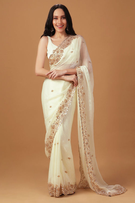 Cassie Cream Paper Silk Sequin Embroidery Border Designer Ready to Wear Saree