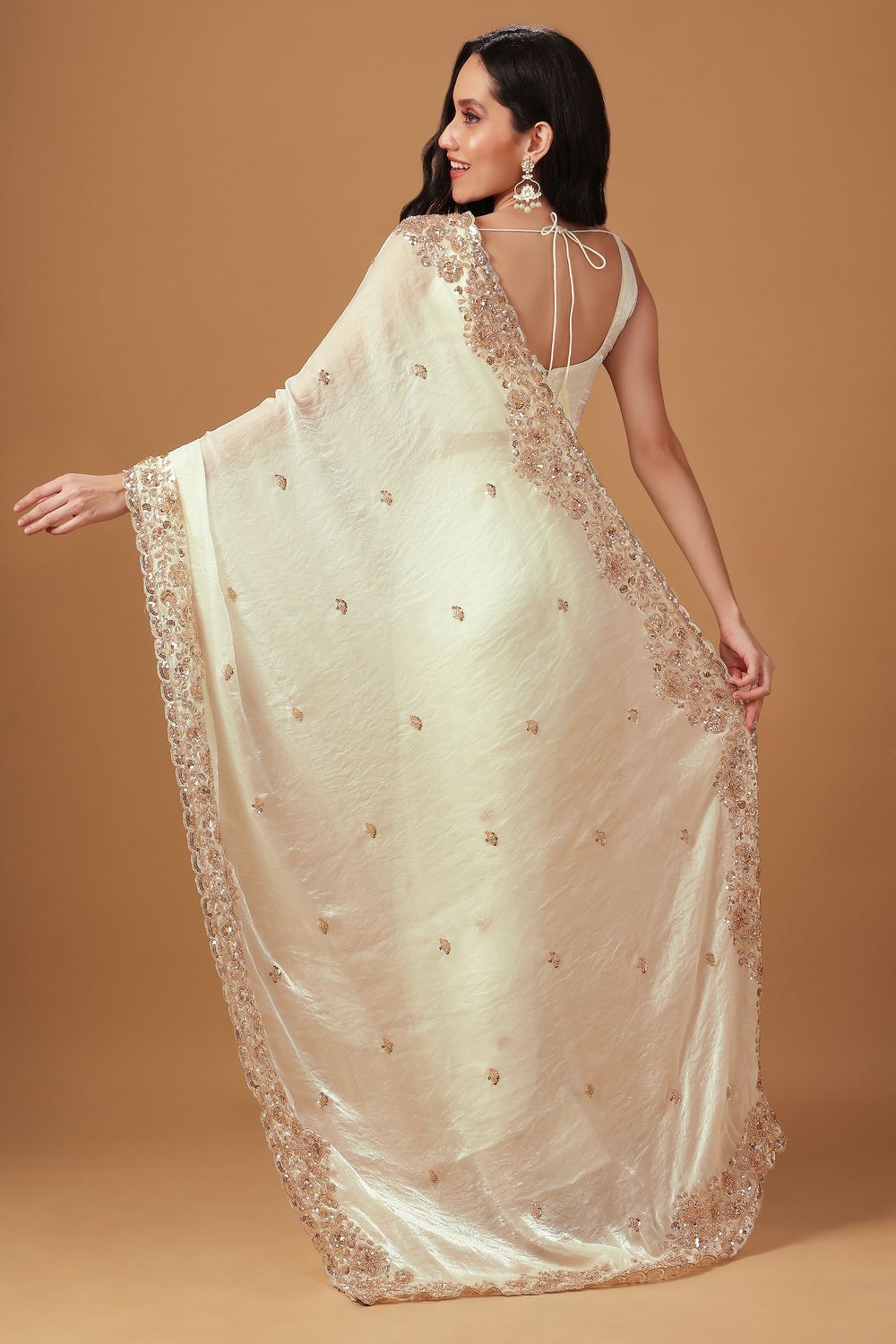 Cassie Cream Paper Silk Sequin Embroidery Border Designer Ready to Wear Saree