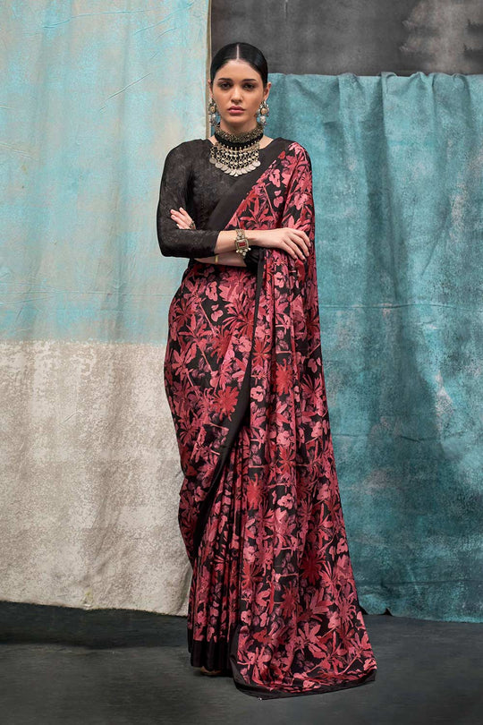Nuri Black & Red Silk Floral One Minute Saree