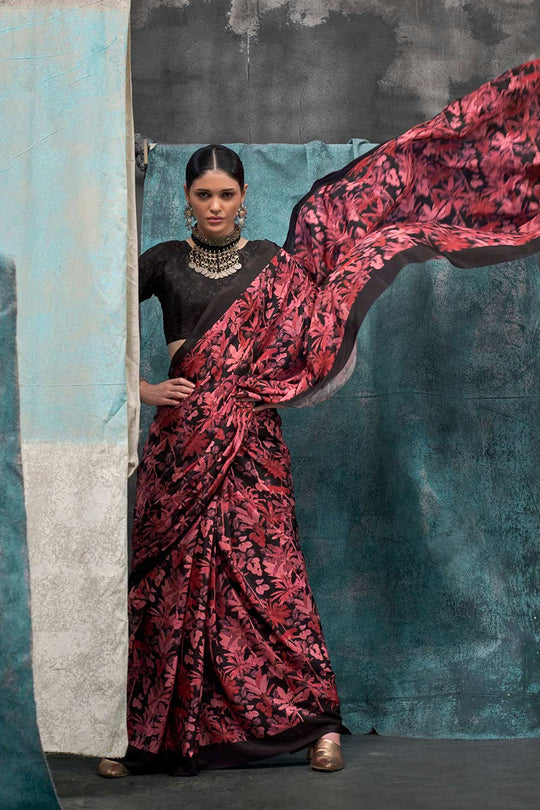 Nuri Black & Red Silk Floral One Minute Saree