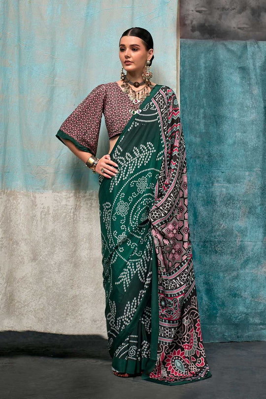 Nuri Dark Green Silk Floral One Minute Saree