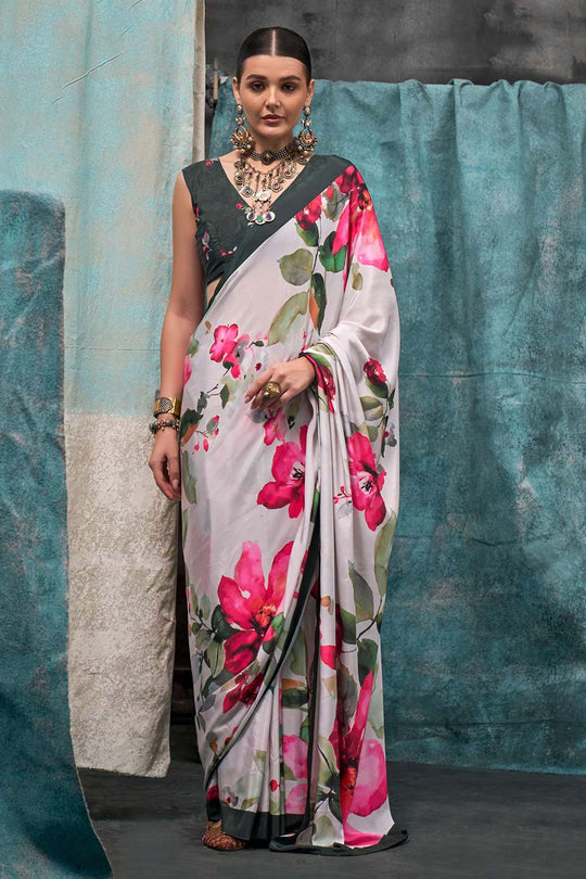 Nuri Dark Green & White Silk Floral One Minute Saree