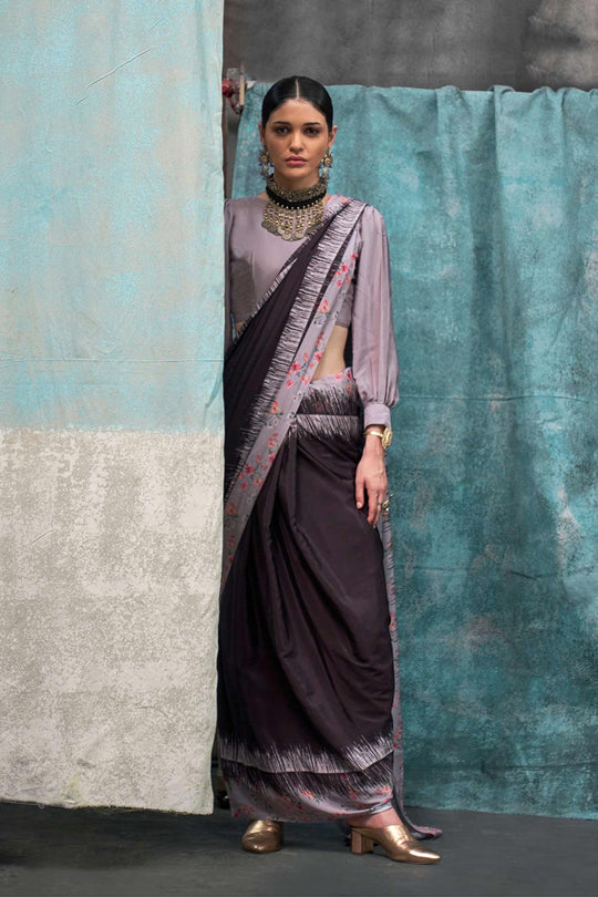 Nuri Dark Brown & Grey Silk Floral One Minute Saree