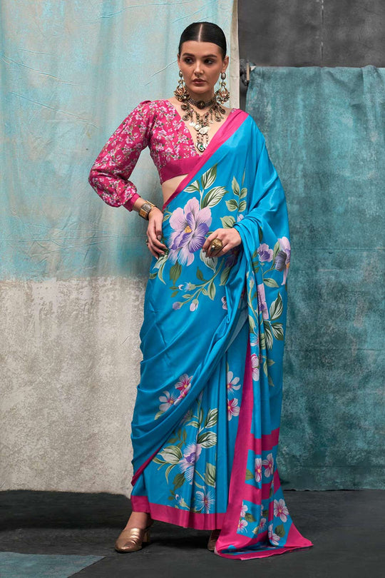Nuri Blue Silk Floral One Minute Saree