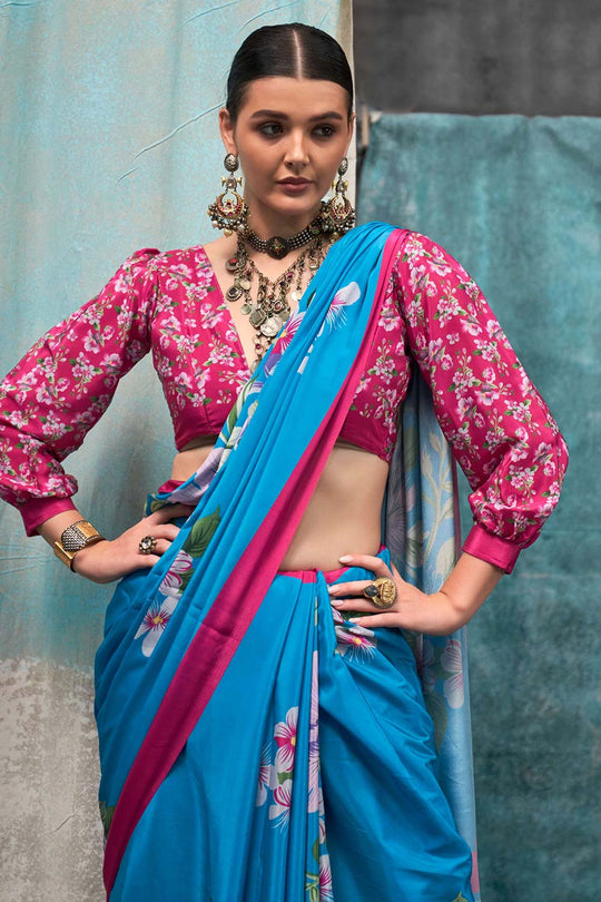 Nuri Blue Silk Floral One Minute Saree