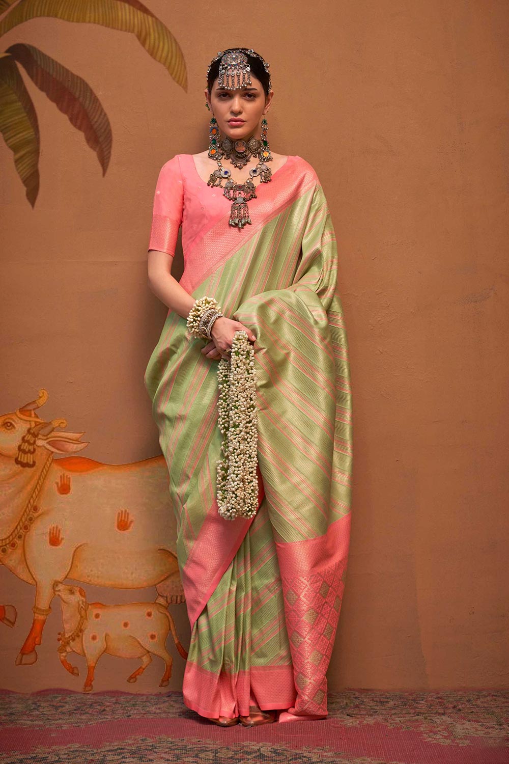 Lena Pink & Olive Silk Kalamkari One Minute Saree