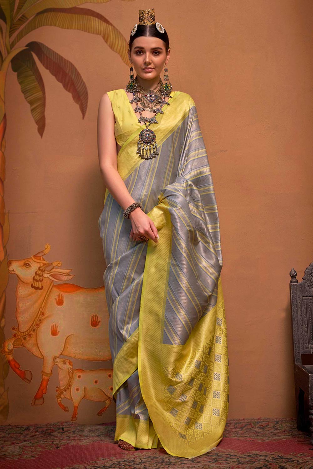 Lena Grey & Yellow Silk Kalamkari One Minute Saree