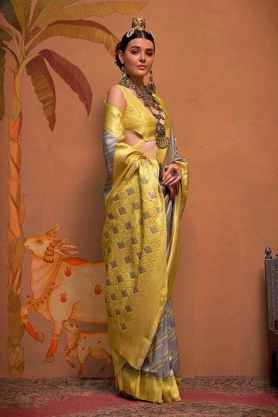 Lena Grey & Yellow Silk Kalamkari One Minute Saree