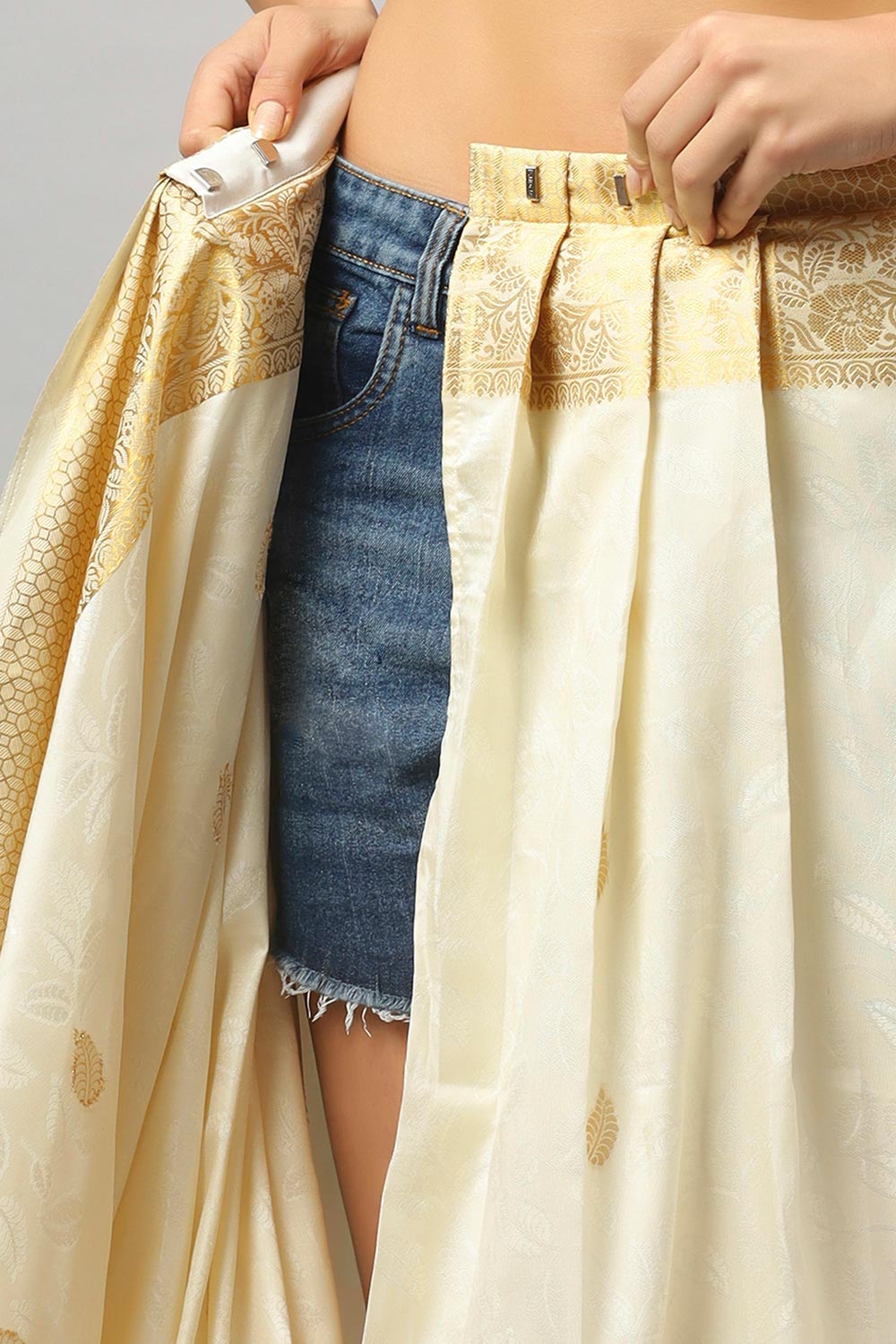 Winina White Silk Embroidered Ready to Wear One Minute Saree