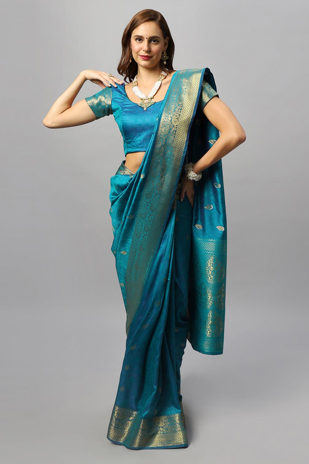 Adina Blue Silk Foil Print Lace One Minute Saree