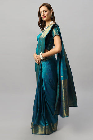 Adina Blue Silk Foil Print Lace One Minute Saree