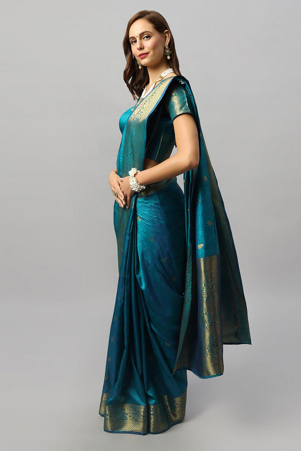 Adina Blue Silk Foil Print Lace One Minute Saree