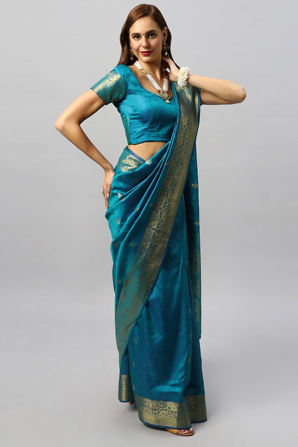 Adina Blue Silk Foil Print Lace One Minute Saree