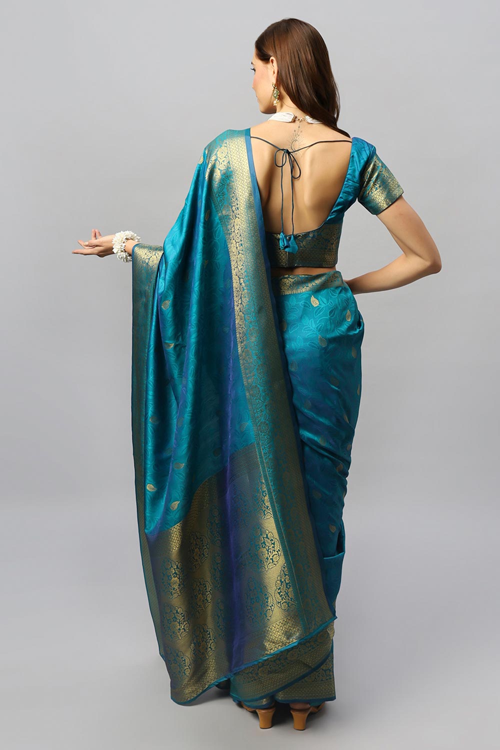 Adina Blue Silk Foil Print Lace One Minute Saree