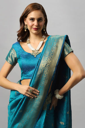 Adina Blue Silk Foil Print Lace One Minute Saree