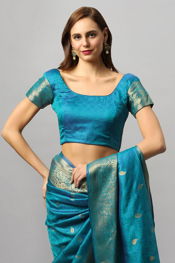 Adina Blue Silk Foil Print Lace One Minute Saree