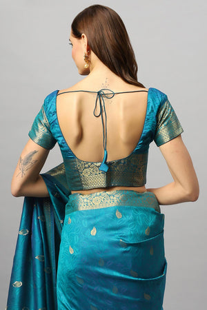 Adina Blue Silk Foil Print Lace One Minute Saree