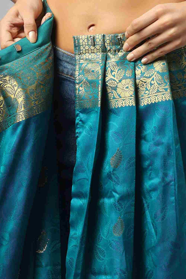 Adina Blue Silk Foil Print Lace One Minute Saree