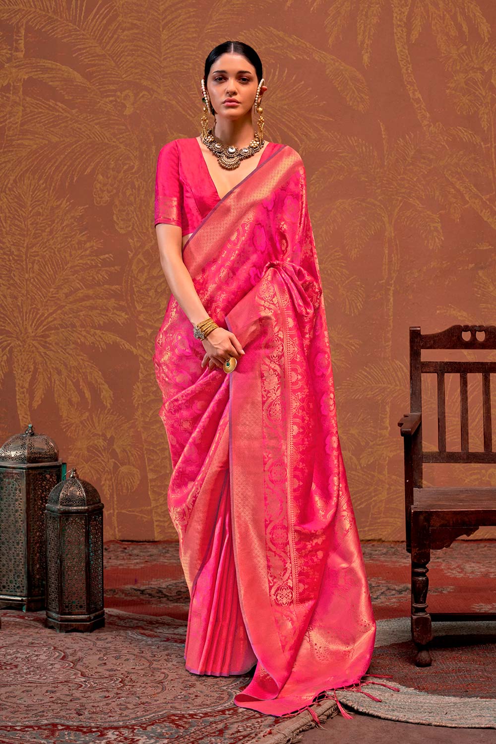 Petra Pink Silk Foil Print Floral One Minute Saree