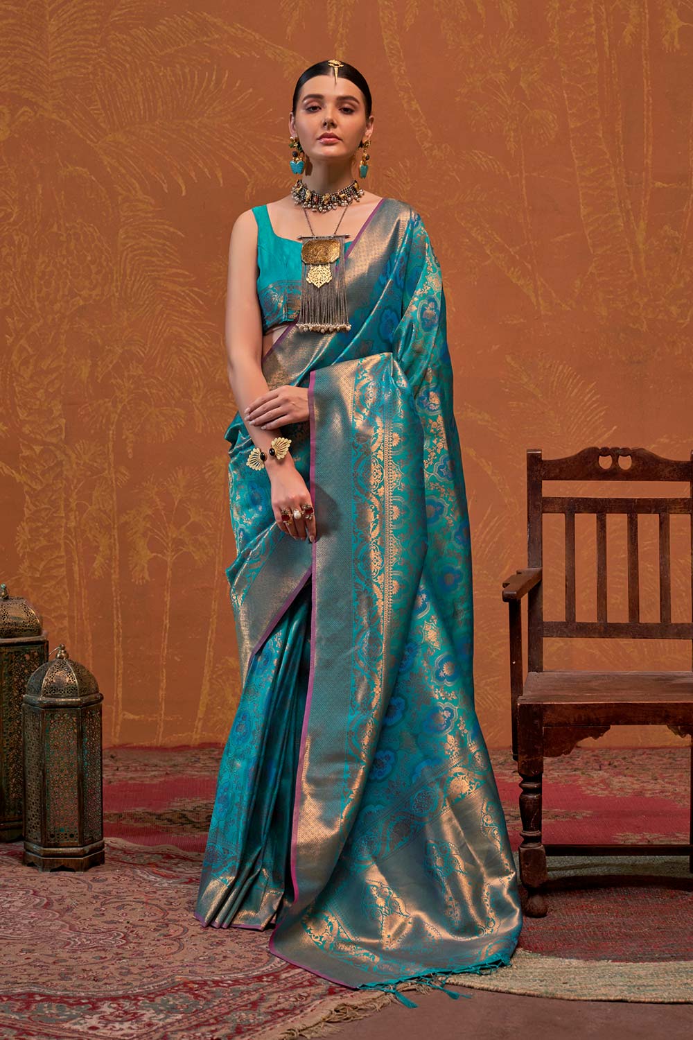 Petra Blue Silk Foil Print Floral One Minute Saree