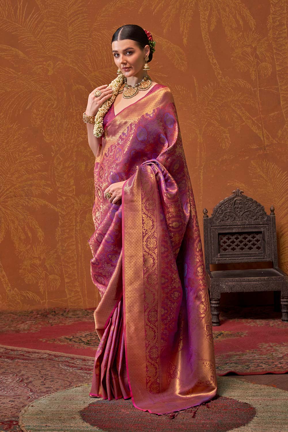 Petra Purple Silk Foil Print Floral One Minute Saree