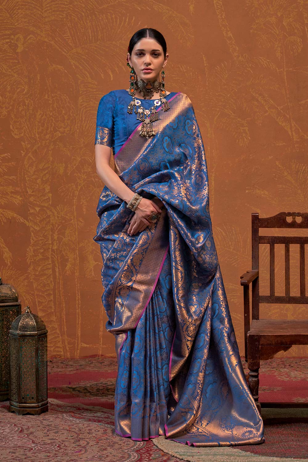 Petra Navy Blue Silk Foil Print Floral One Minute Saree