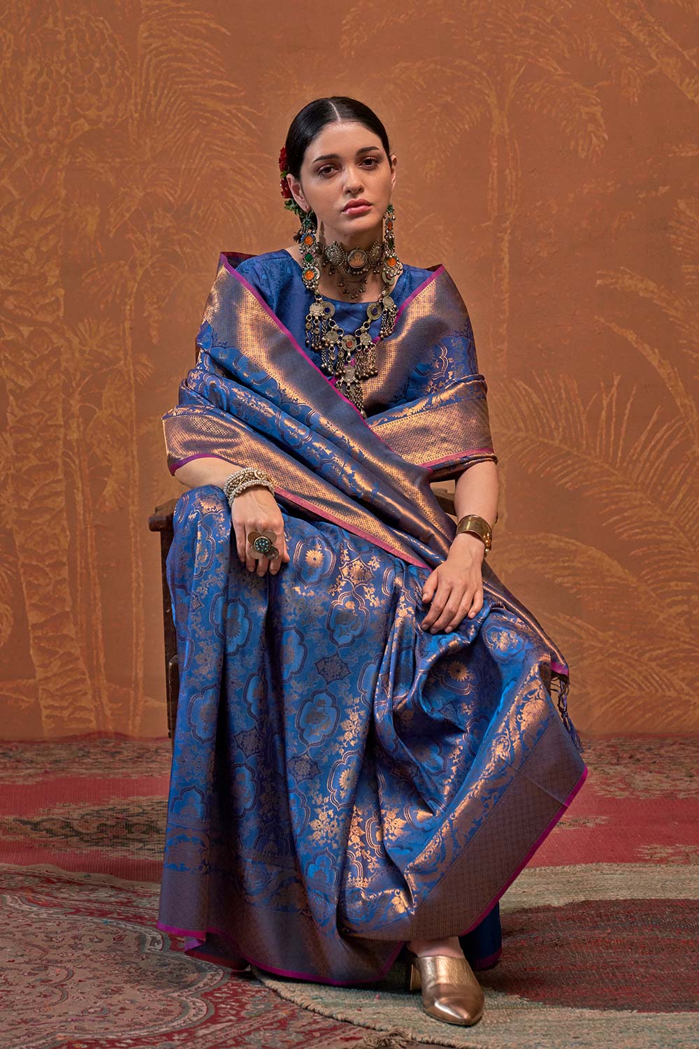 Petra Navy Blue Silk Foil Print Floral One Minute Saree