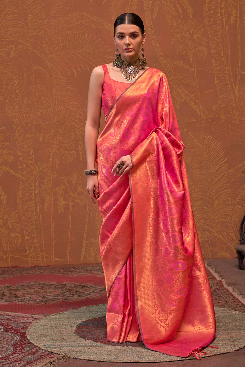 Petra Pink and Gold Shimmer Silk Foil Print Floral One Minute Saree