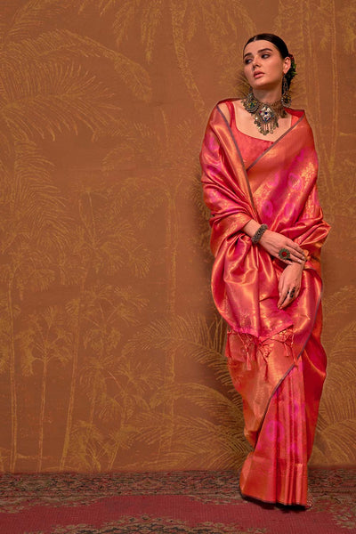 Petra Pink and Gold Shimmer Silk Foil Print Floral One Minute Saree