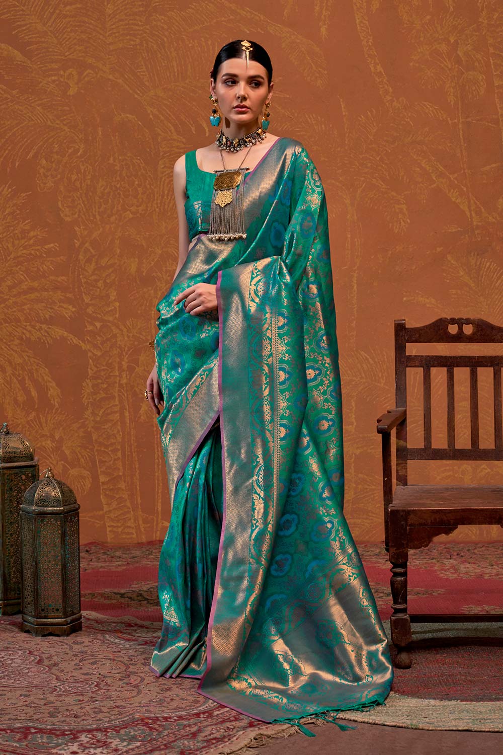 Petra Teal Silk Foil Print Floral One Minute Saree