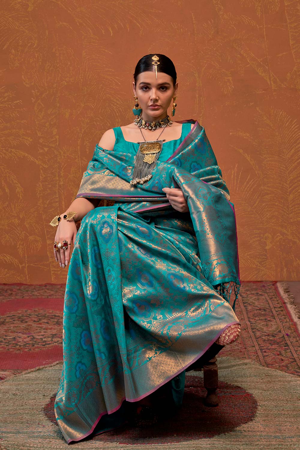 Petra Teal Silk Foil Print Floral One Minute Saree