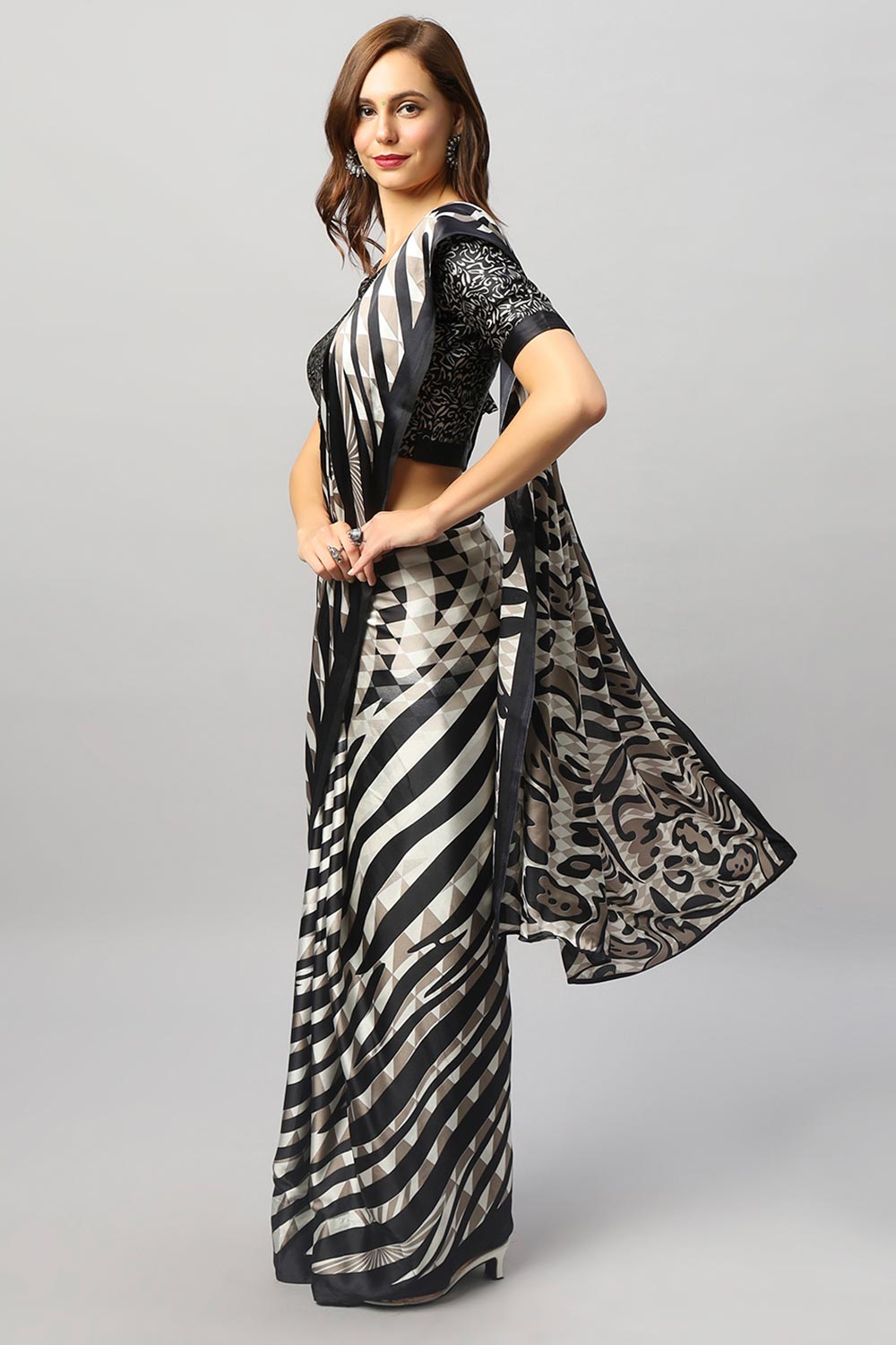 Meena Black & Off-White Satin Zebra Print One Minute Saree
