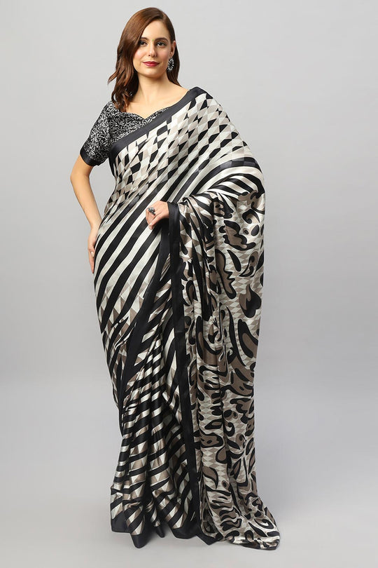 Meena Black Satin Printed Ready to Wear One Minute Saree