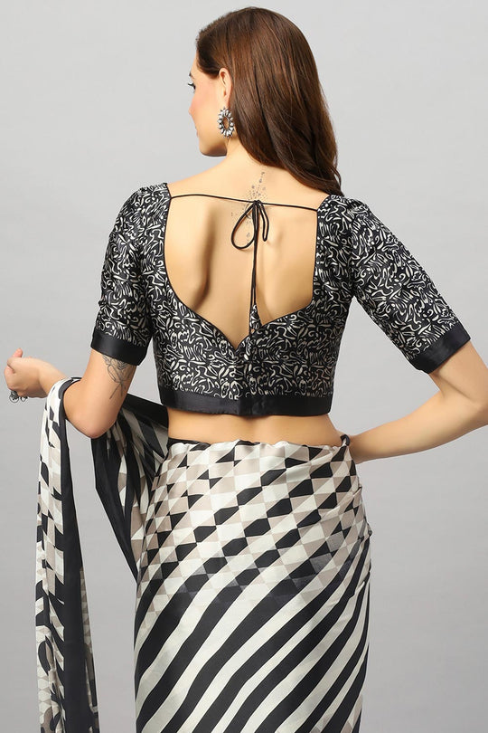 Meena Black Satin Printed Ready to Wear One Minute Saree