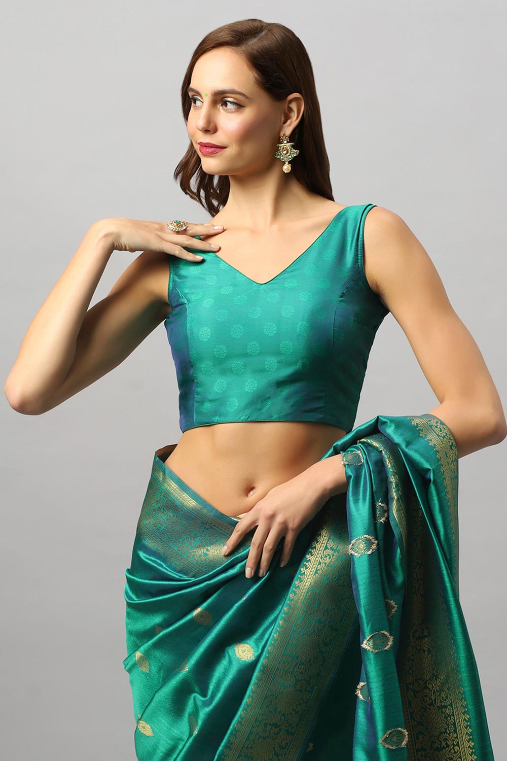 Yara Green Moss Adjustable Saree Ready2Ship Blouse