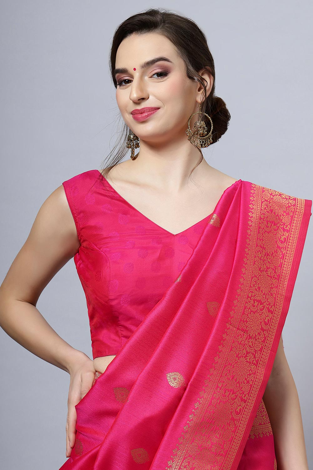 Silia Moss Weave Pink Art Silk Ready2Ship One Minute Saree