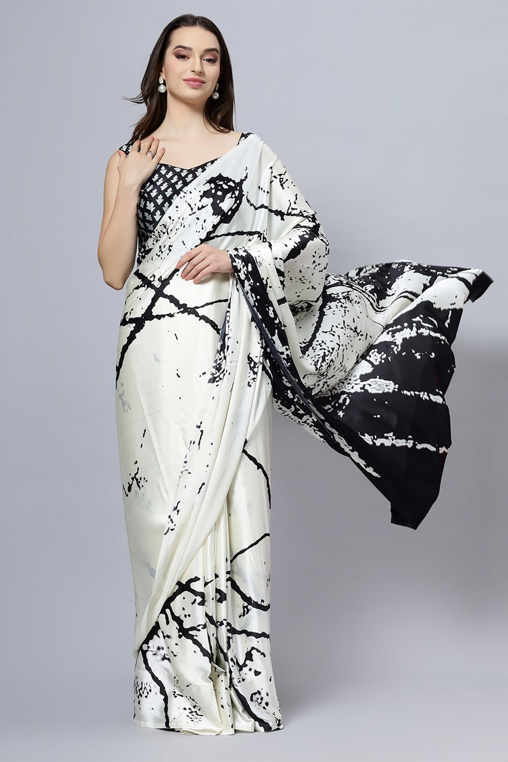 Camille Cream Satin Crepe Printed Ready to Wear One Minute Saree