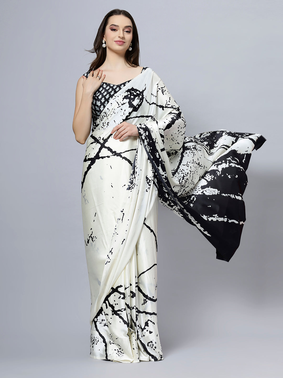 Camille Cream Satin Crepe Printed Ready to Wear One Minute Saree