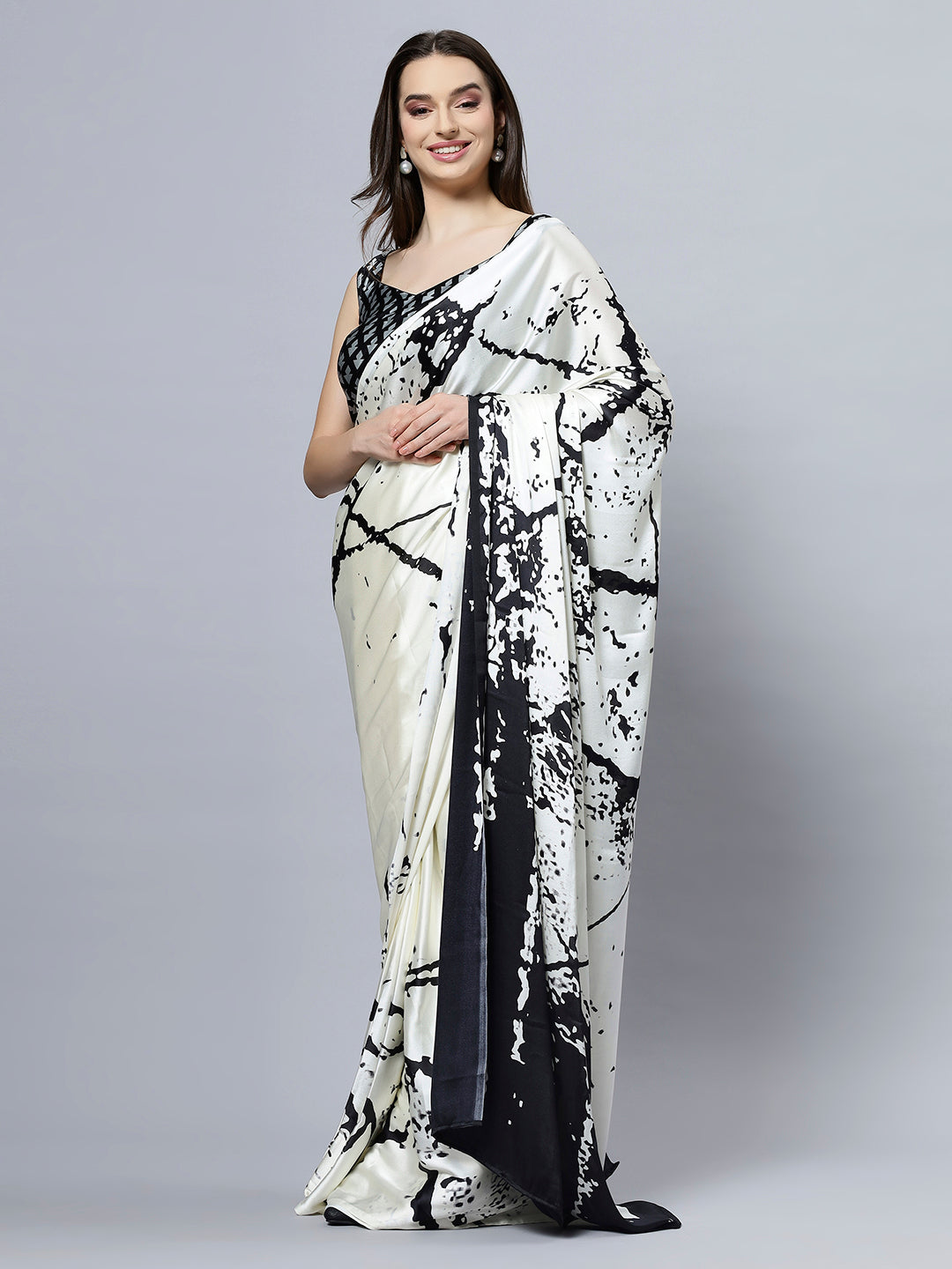 Camille Cream Satin Crepe Printed Ready to Wear One Minute Saree