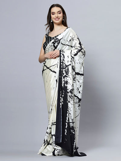 Camille Cream Printed Satin Crepe One Minute Saree