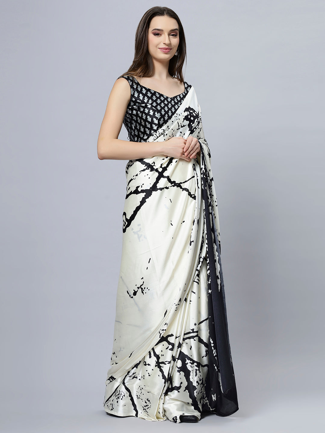 Camille Cream Satin Crepe Printed Ready to Wear One Minute Saree